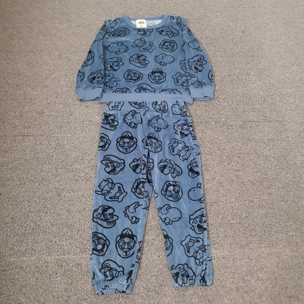 Super Mario Size 4T Pajama Set Toddler Boys Blue Velour Nintendo Character Print